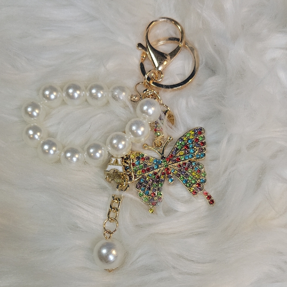 Multicolor Rhinestone Butterfly Pearl Purse‎ Charm/Gold Tone Keychain